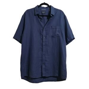 Nordstrom Shirt Men's XL Navy Blue Trim Fit Casual Linen Button Up Classic Basic